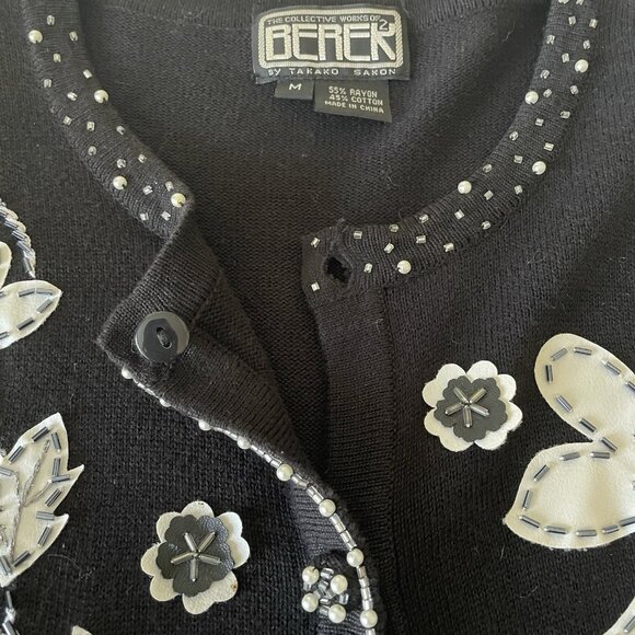 VTG Berek Sweater Cardigan Floral Bling Applique Pearls Black White 50's Medium - Picture 9 of 11